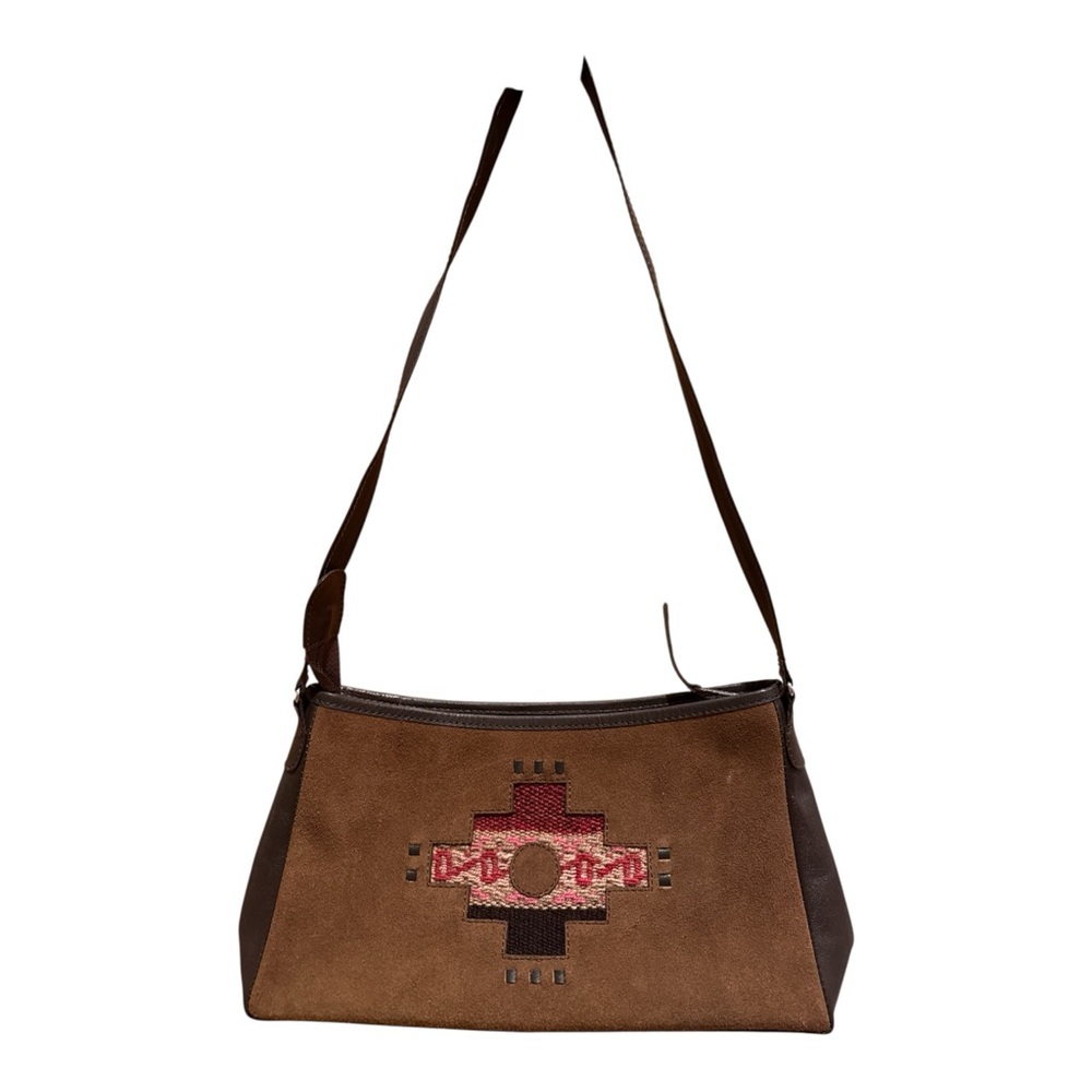 Vintage Western Brown‎ Suede Shoulder Bag Purse Aztec Embroidered Boho Festival